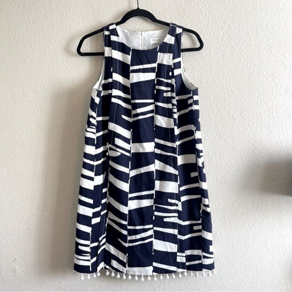 Trina Turk Navy White Geometric Shift Dress Sleeveless Tasseled Womens Size 6